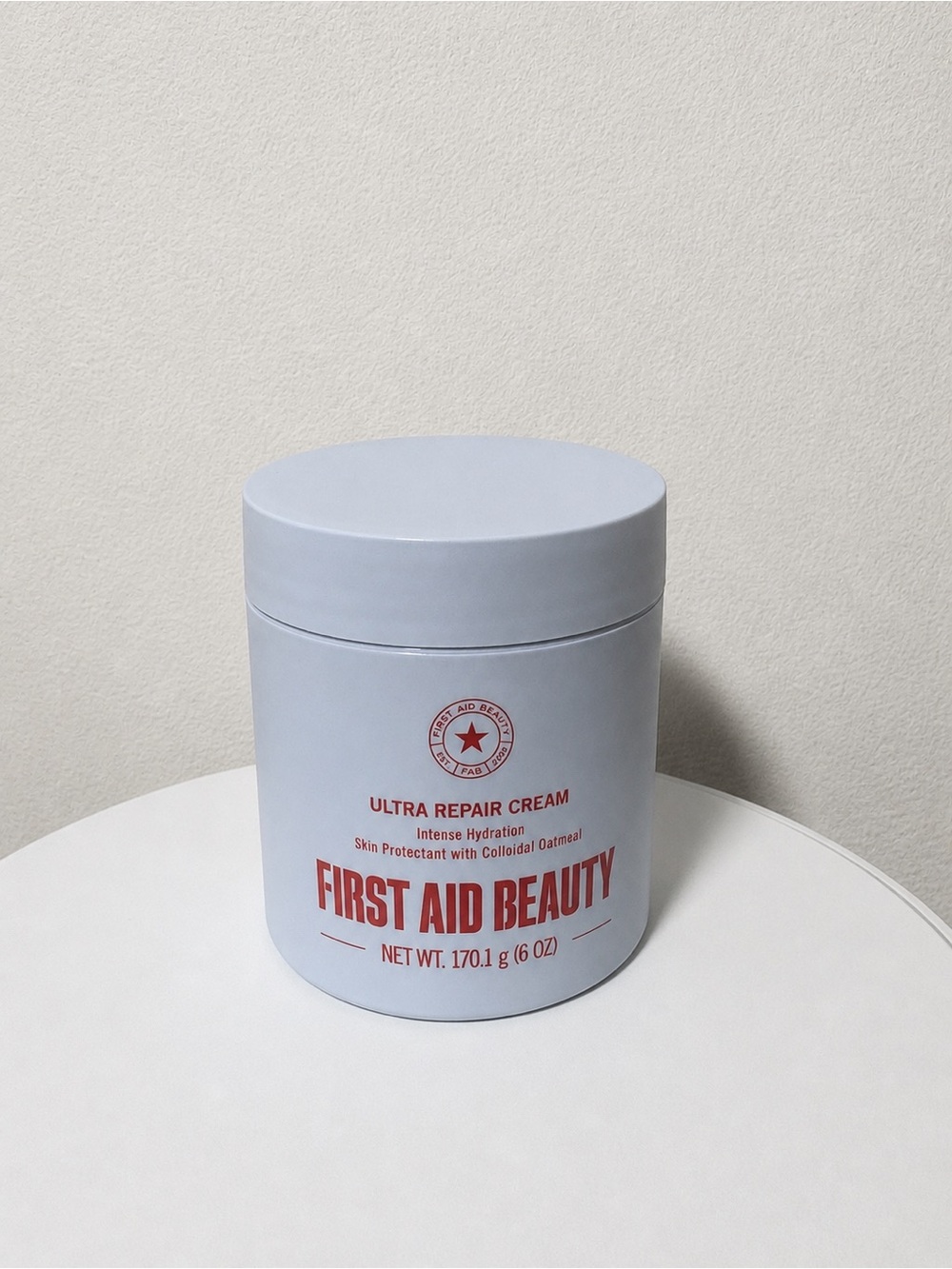 First Aid Beauty Ultra Repair Cream Jar - Light Gray with Red Text